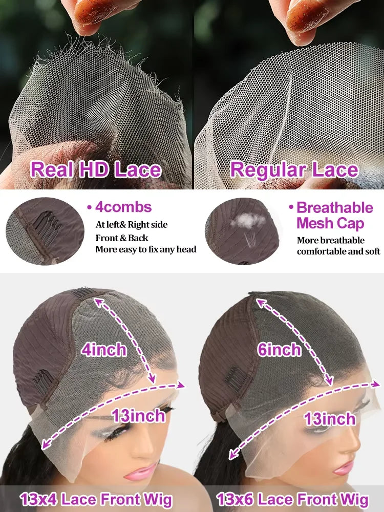 Raw Indian Human Hair HD Lace Front Wig – Bone Straight, 200%/220% Density, Glueless 13x6